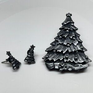 Vintage Torino Christmas Tree Brooch and Earring Set Pewter Holiday